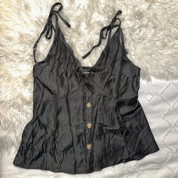 SHEIN | Curve Faux Button Tie Front Straps V Neck Peplum Metallic Tank Blouse - Picture 6 of 13